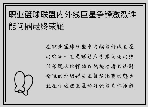 职业篮球联盟内外线巨星争锋激烈谁能问鼎最终荣耀