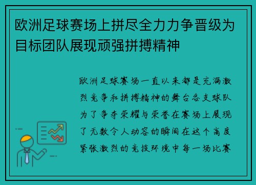 欧洲足球赛场上拼尽全力力争晋级为目标团队展现顽强拼搏精神