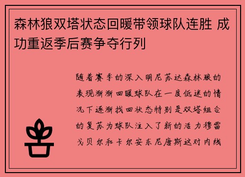 森林狼双塔状态回暖带领球队连胜 成功重返季后赛争夺行列