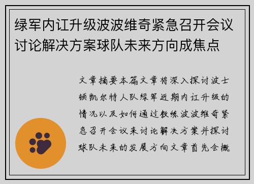 绿军内讧升级波波维奇紧急召开会议讨论解决方案球队未来方向成焦点