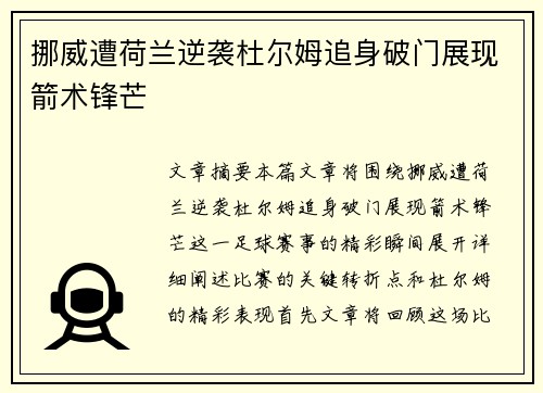 挪威遭荷兰逆袭杜尔姆追身破门展现箭术锋芒
