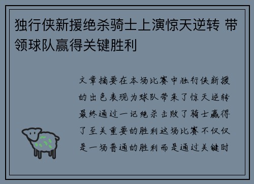 独行侠新援绝杀骑士上演惊天逆转 带领球队赢得关键胜利