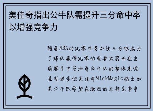 美佳奇指出公牛队需提升三分命中率以增强竞争力