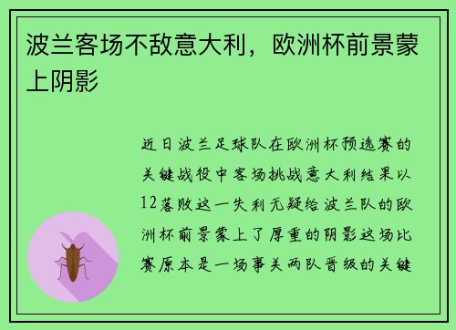波兰客场不敌意大利，欧洲杯前景蒙上阴影
