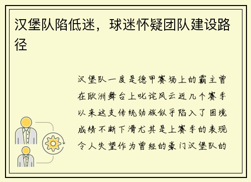 汉堡队陷低迷，球迷怀疑团队建设路径
