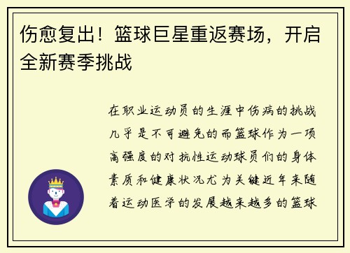 伤愈复出！篮球巨星重返赛场，开启全新赛季挑战
