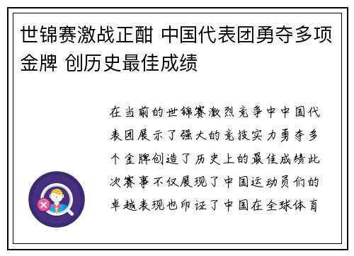 世锦赛激战正酣 中国代表团勇夺多项金牌 创历史最佳成绩