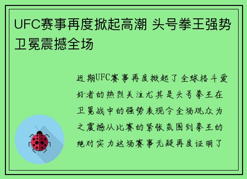 UFC赛事再度掀起高潮 头号拳王强势卫冕震撼全场